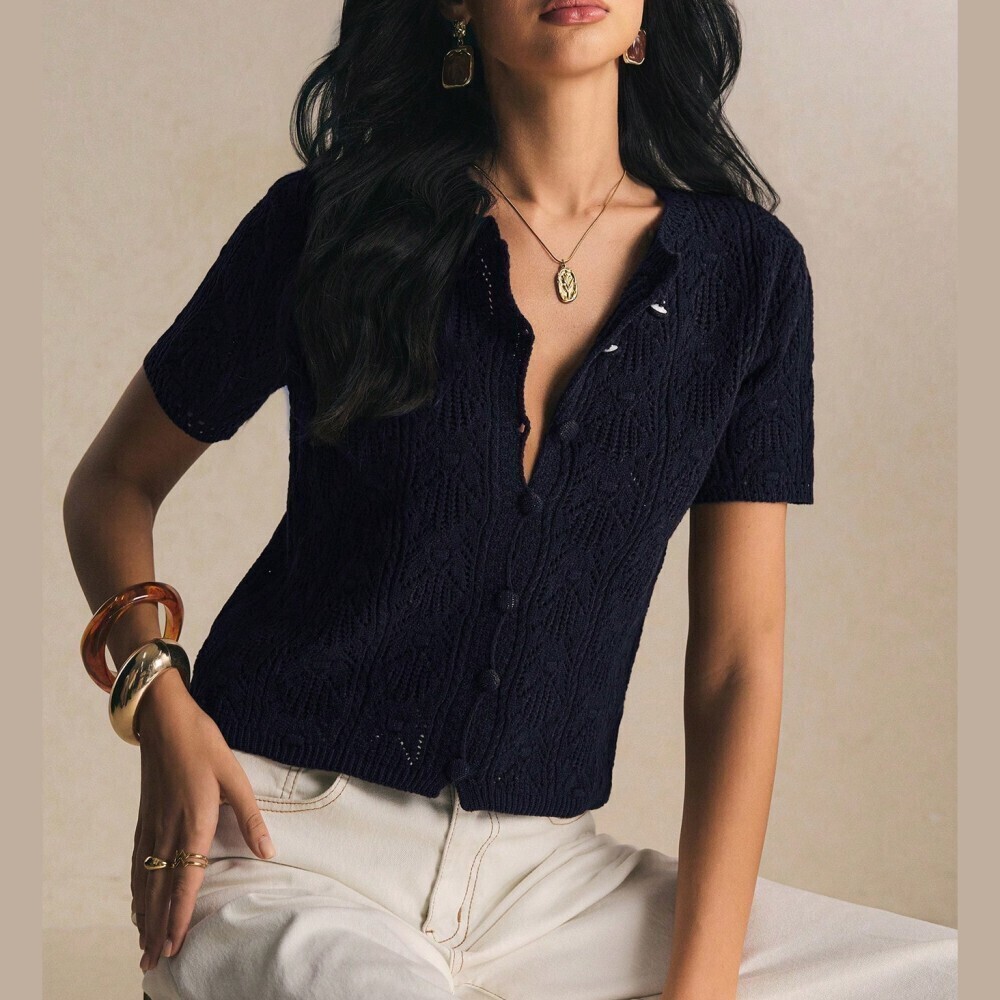 Navy Blue Pointelle Knit Button Front Short Sleeve Crop Cardigan Top